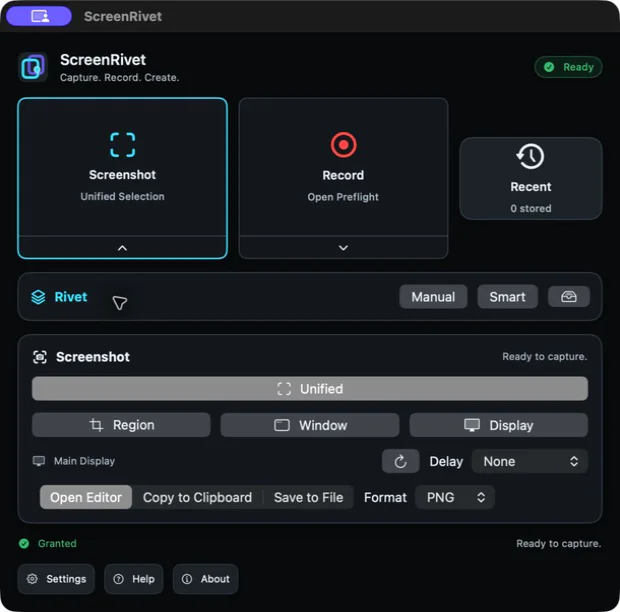 ScreenRivet screenshot options showing unified, region, window, and display capture